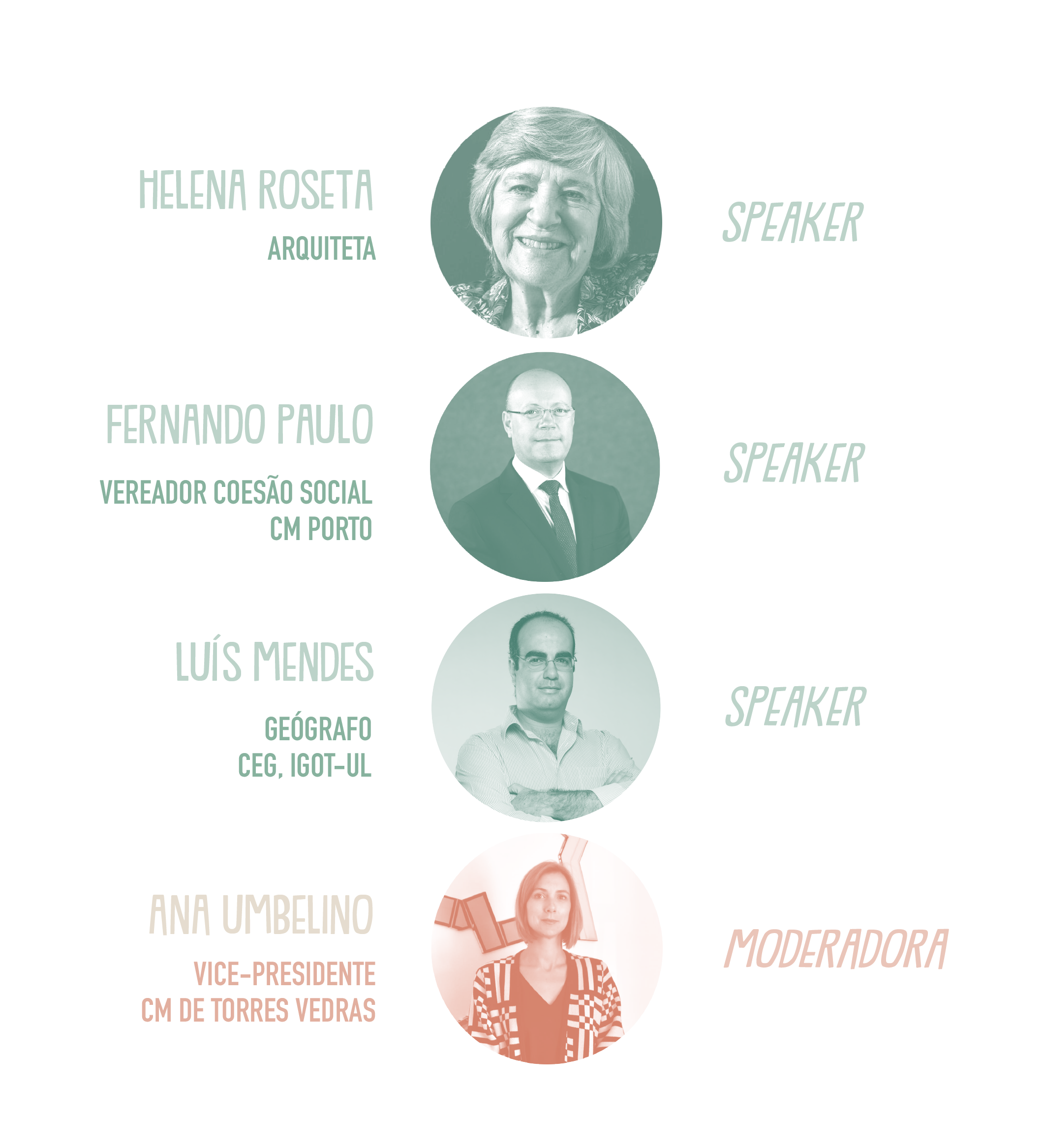 Speaker Helena Roseta, Arquiteta. Speaker Fernando Paulo, Vereador Coesão Social CM Porto. Speaker Luís Mendes, Geógrafo, CEG, IGOT-UL. Moderadora Ana Umbelino, Vice-Presidente CM Torres Vedras